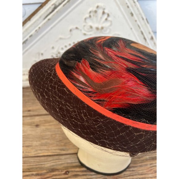 Vintage 1940s HAt Brown Wool Dyed Orange Peasant Feathers